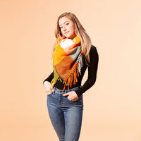 Fringle Plaid Blanket Scarf - Orange & Green
