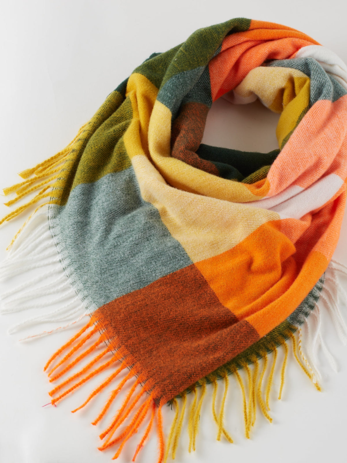 Fringle Plaid Blanket Scarf - Orange & Green