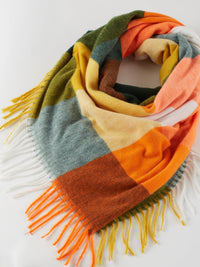 Fringle Plaid Blanket Scarf - Orange & Green