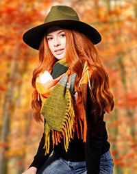 Fringle Plaid Blanket Scarf - Orange & Green