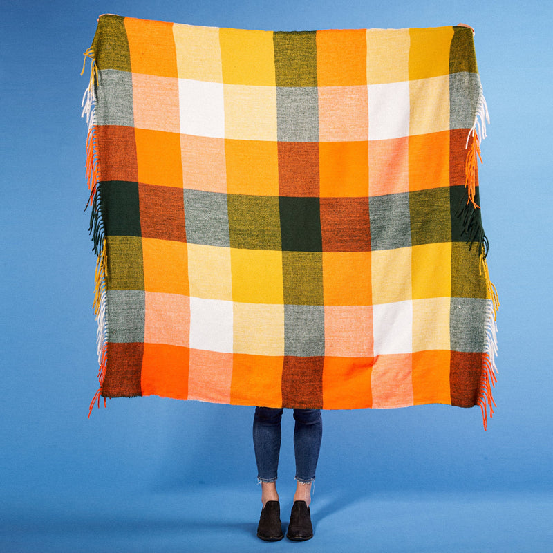 Fringle Plaid Blanket Scarf - Orange & Green