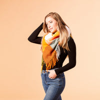 Fringle Plaid Blanket Scarf - Orange & Green