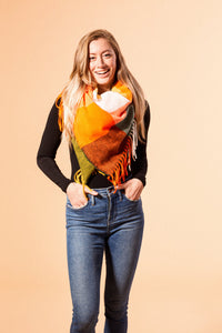 Fringle Plaid Blanket Scarf - Orange & Green