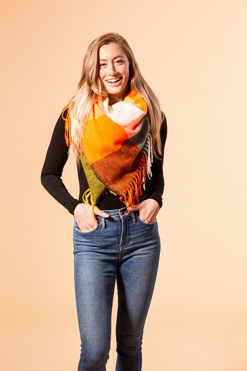Fringle Plaid Blanket Scarf - Orange & Green